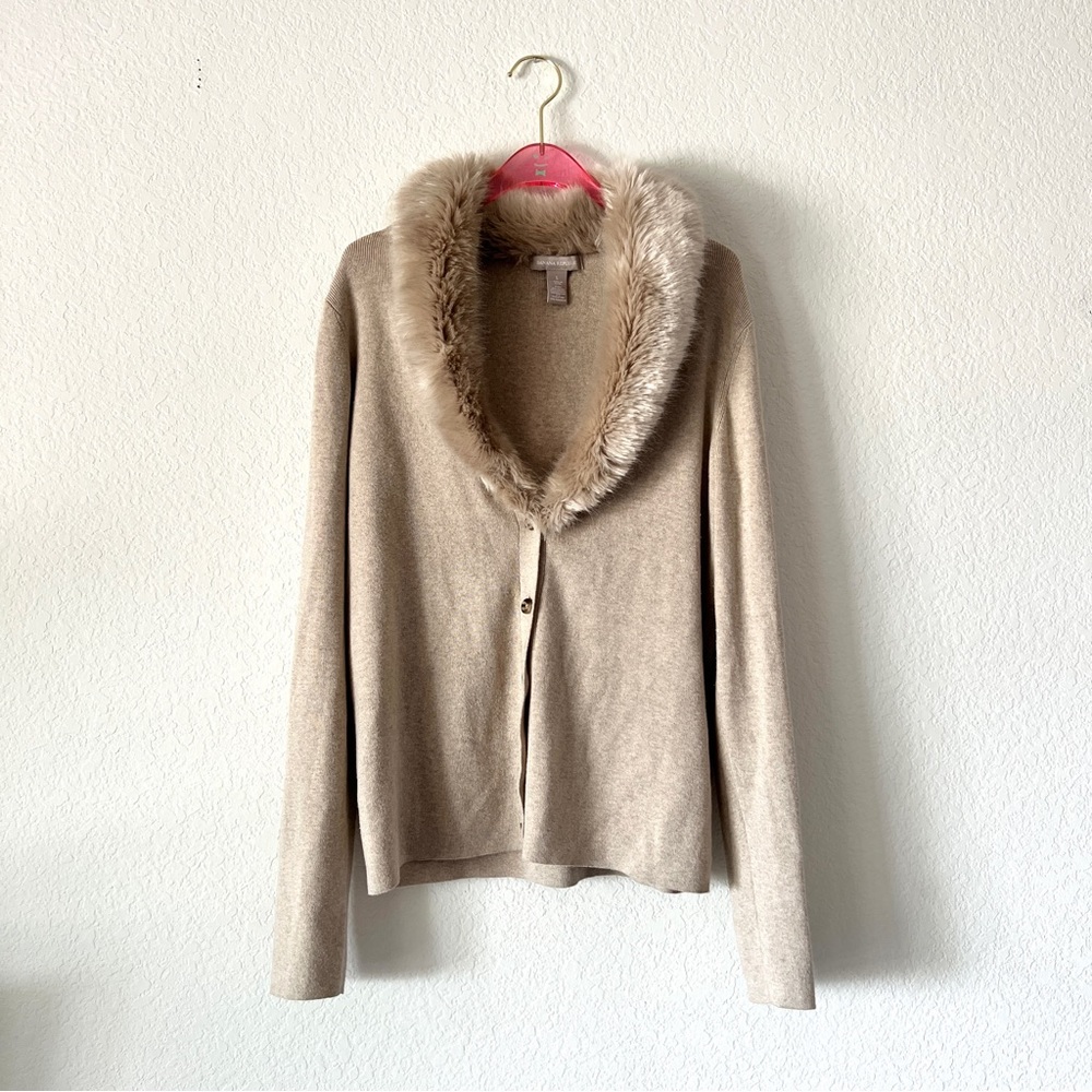 Banana Republic Faux Fur Cashmere Blend Cream Cardigan Size Large
